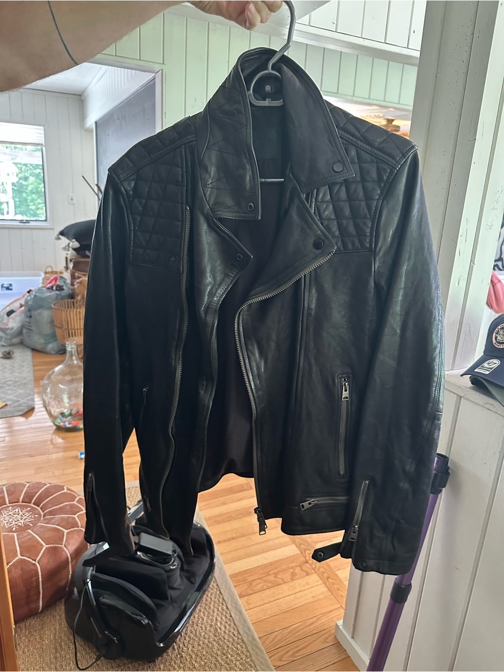 Black Quilted Shoulder Leather Moto Jacket - Allsaints